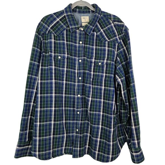 GAP Slim Fit Western Denim Blue/Green Plaid Pearl Snap Shirt/Shacket XXL - Picture 1 of 7